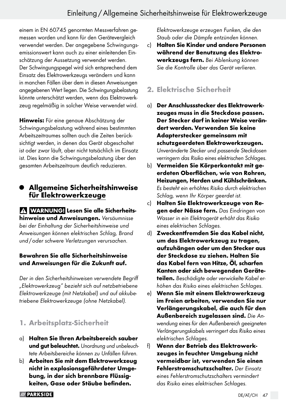 Arbeitsplatz-sicherheit, Elektrische sicherheit | Parkside PTS 480 A1 User Manual | Page 47 / 55