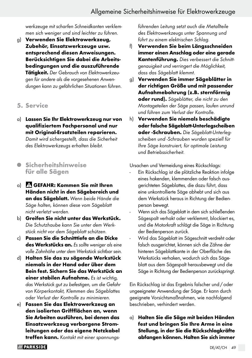 Service, Sicherheitshinweise für alle sägen | Parkside PTS 480 A1 User Manual | Page 49 / 55