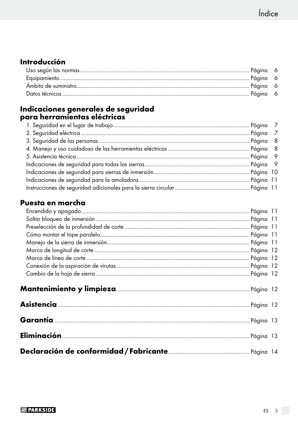 Índice | Parkside PTS 480 A1 User Manual | Page 5 / 55