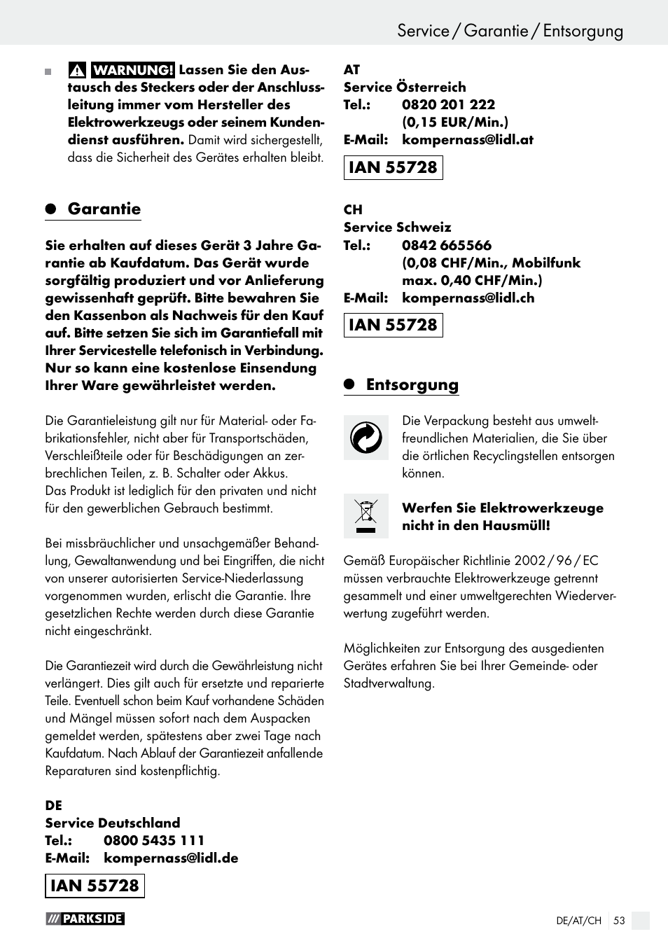 Inbetriebnahme / wartung und reinigung / service, Service / garantie / entsorgung, Garantie | Entsorgung | Parkside PTS 480 A1 User Manual | Page 53 / 55