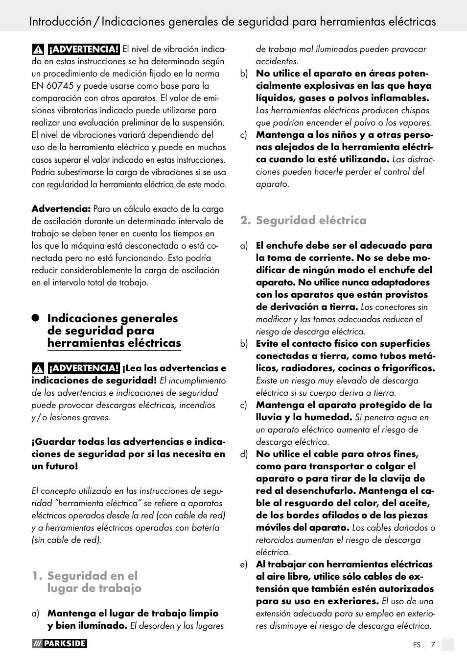 Seguridad en el lugar de trabajo, Seguridad eléctrica | Parkside PTS 480 A1 User Manual | Page 7 / 55