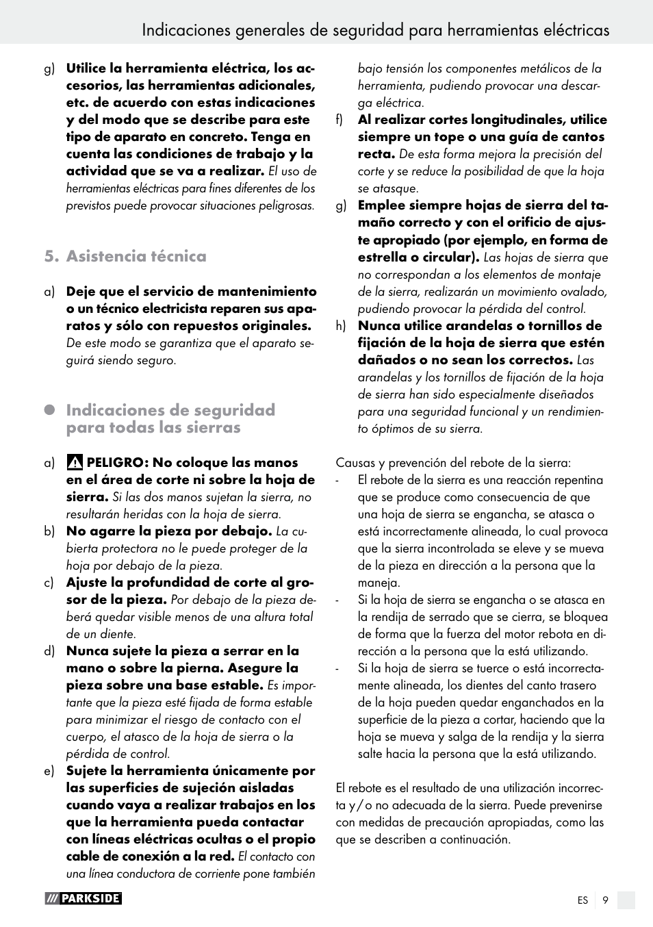 Asistencia técnica, Indicaciones de seguridad para todas las sierras | Parkside PTS 480 A1 User Manual | Page 9 / 55