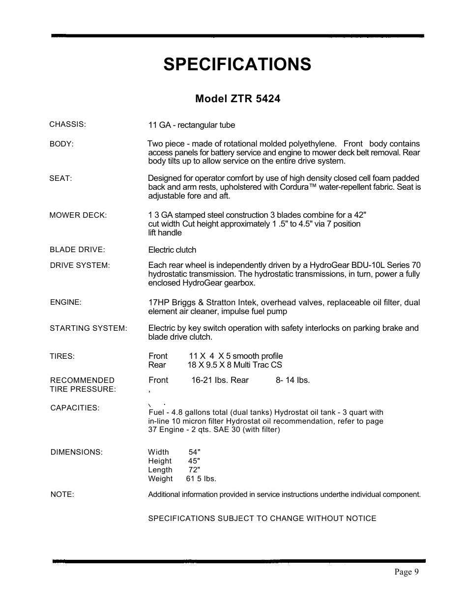 Specifications, Model ztr 5424 | Dixon ZTR 5424 User Manual | Page 11 / 48