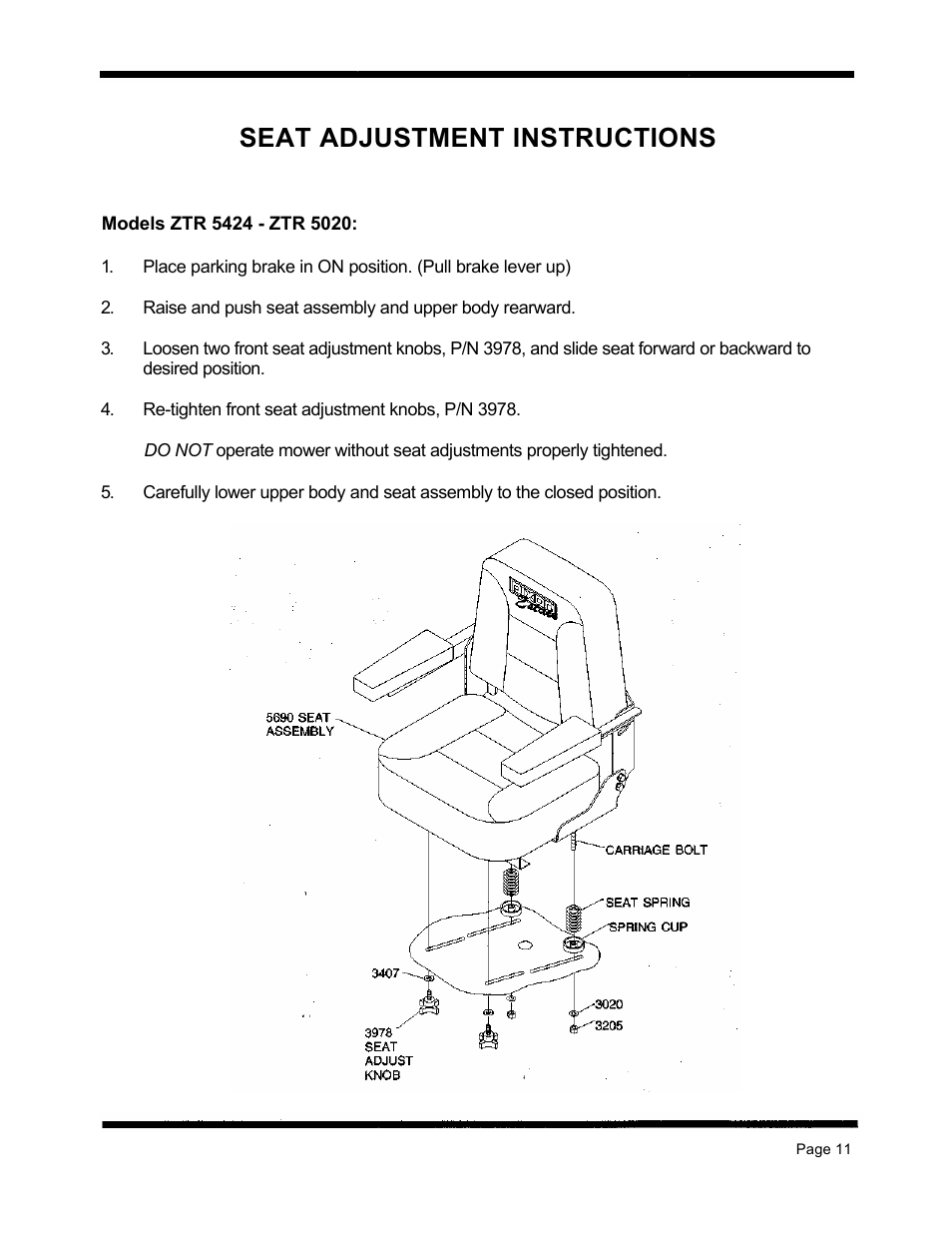 Seat adjustment instructions | Dixon ZTR 5424 User Manual | Page 13 / 48