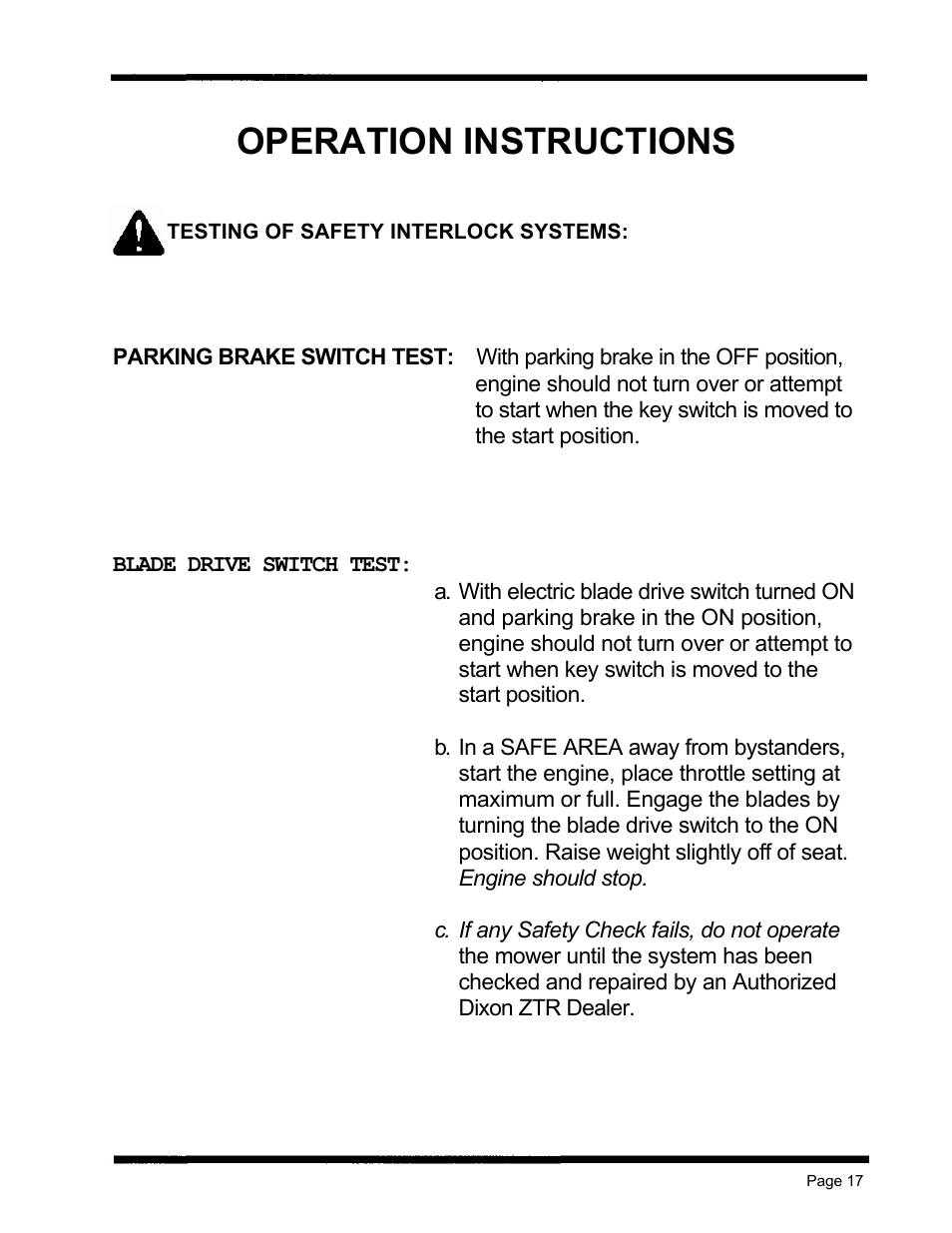 Operation instructions, Blade drive switch test | Dixon ZTR 5424 User Manual | Page 19 / 48