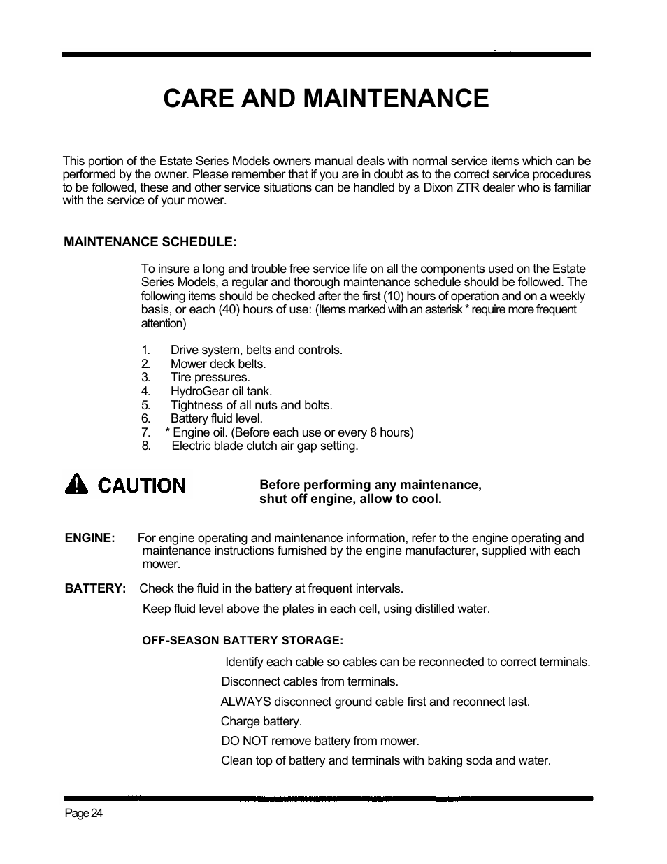 Care and maintenance | Dixon ZTR 5424 User Manual | Page 26 / 48