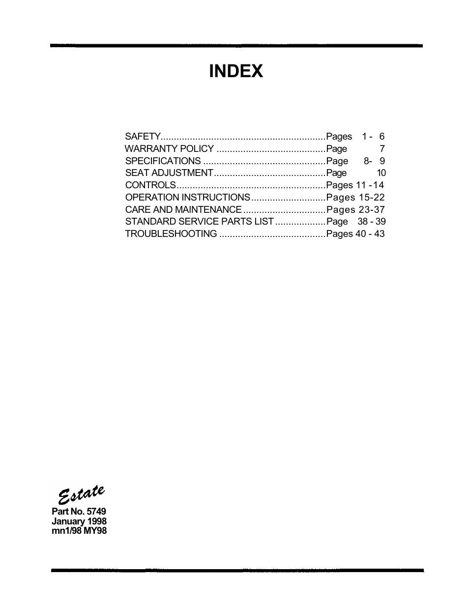 Index | Dixon ZTR 5424 User Manual | Page 3 / 48