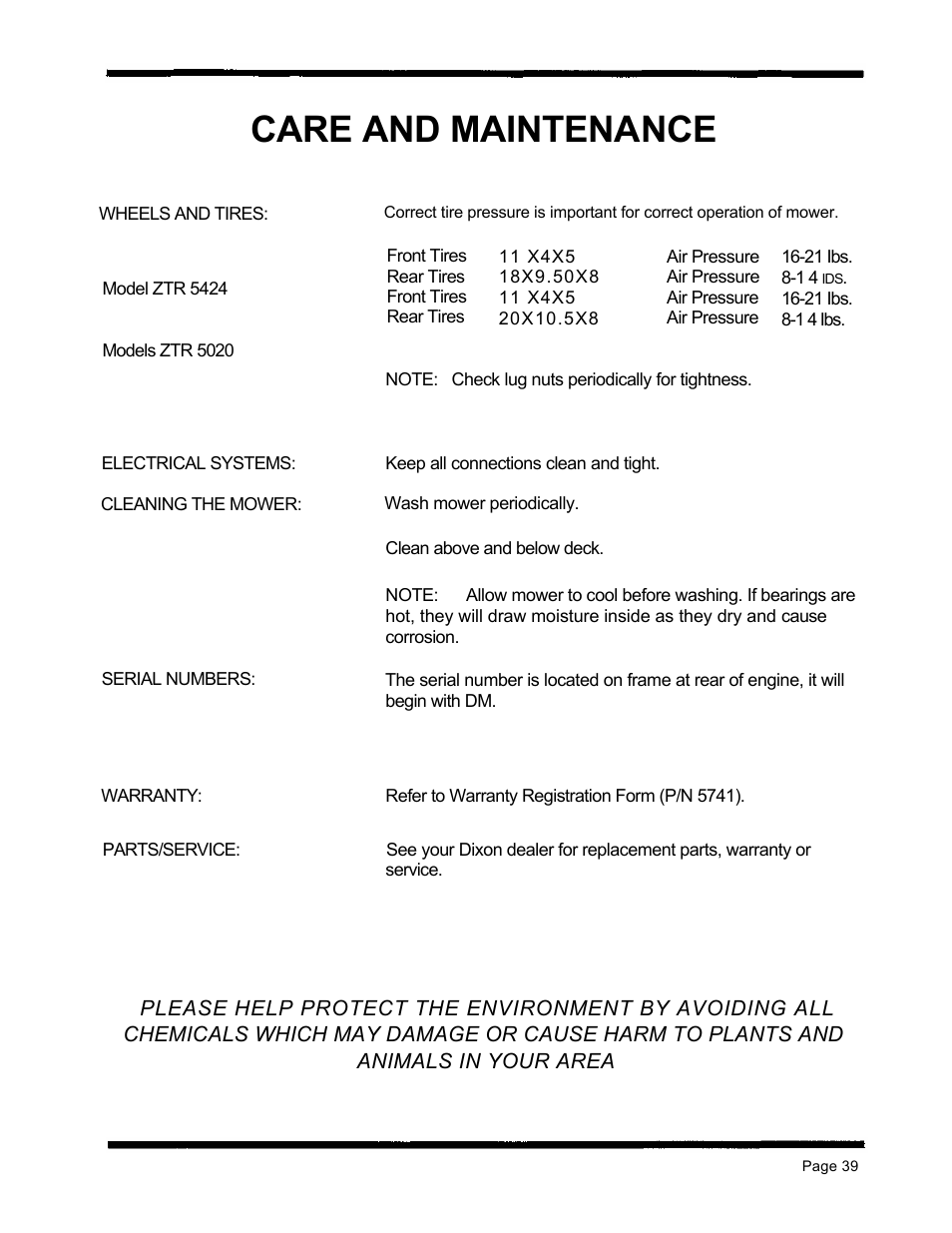 Care and maintenance, Animals in your area | Dixon ZTR 5424 User Manual | Page 41 / 48