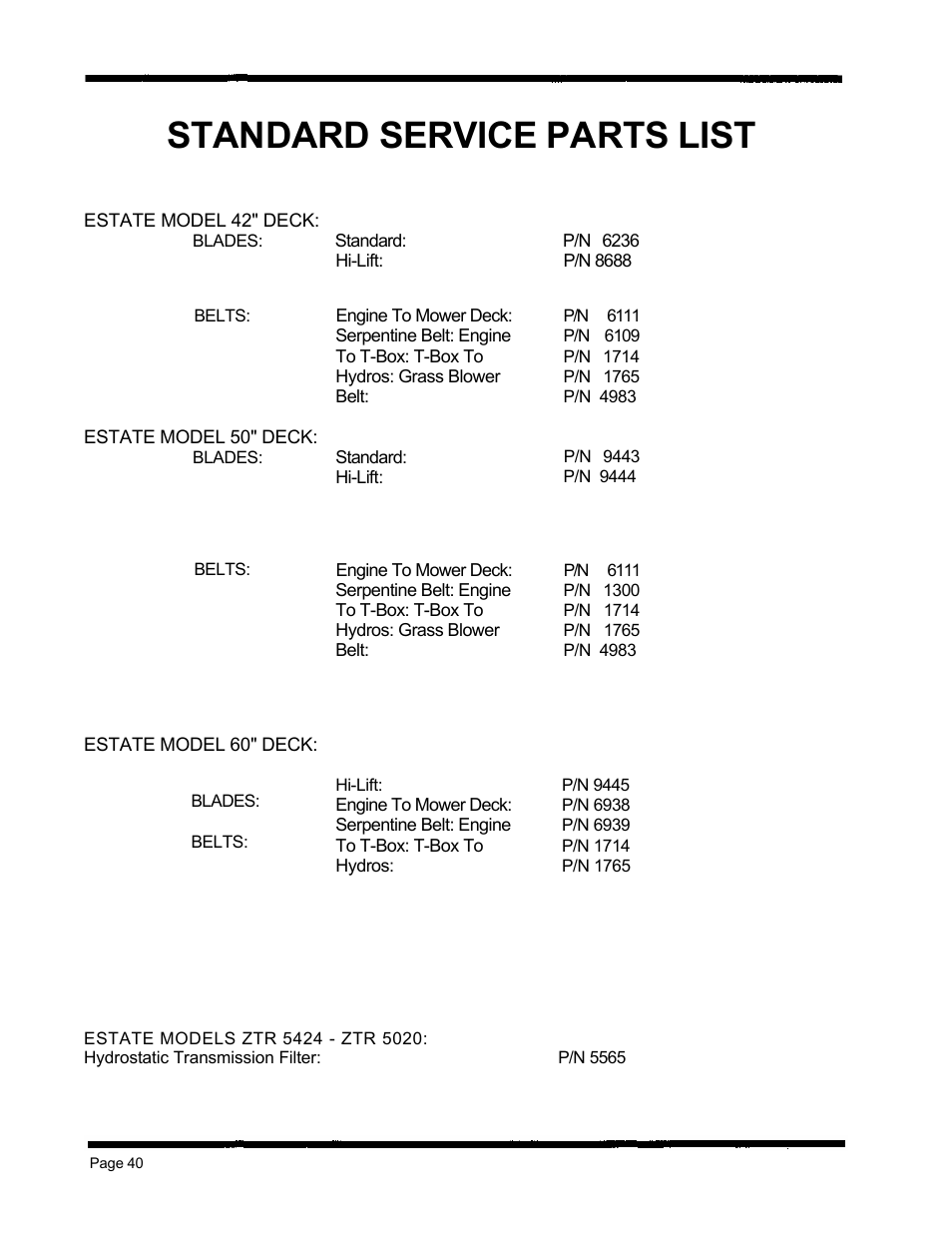 Standard service parts list | Dixon ZTR 5424 User Manual | Page 42 / 48
