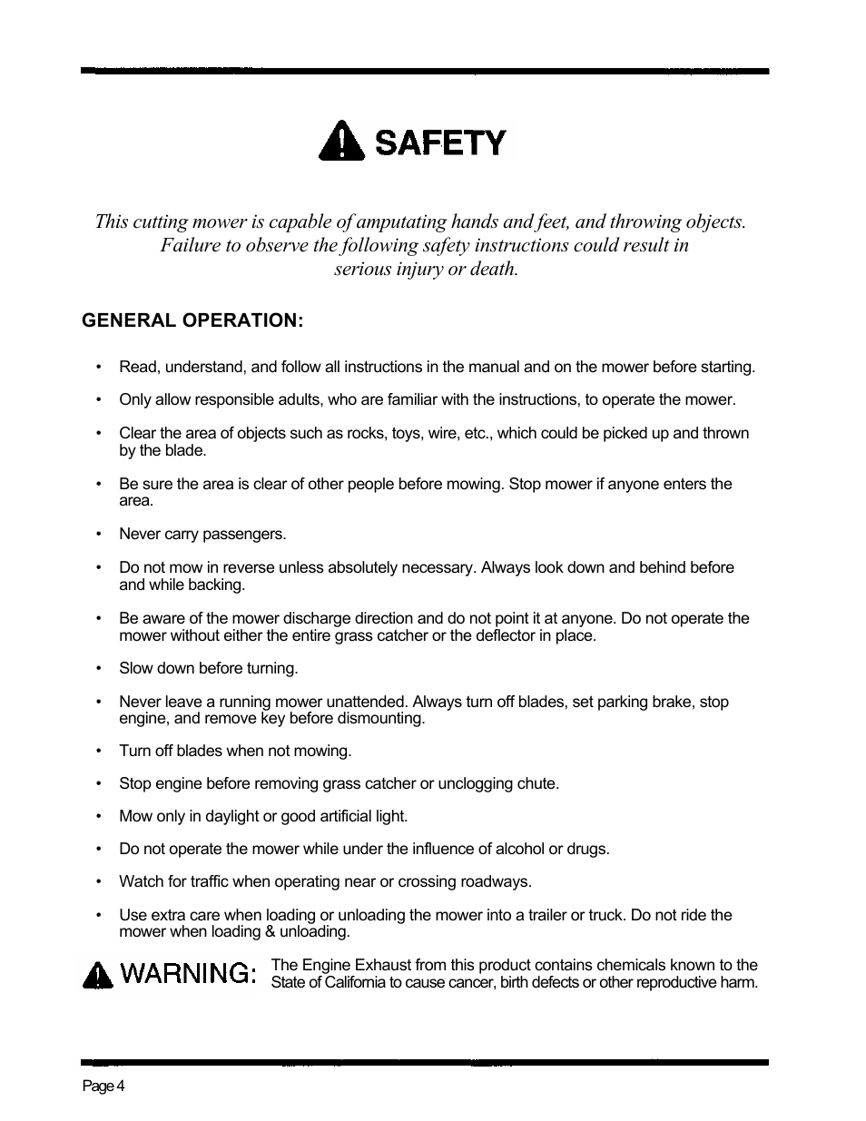 Serious injury or death, General operation | Dixon ZTR 5424 User Manual | Page 6 / 48