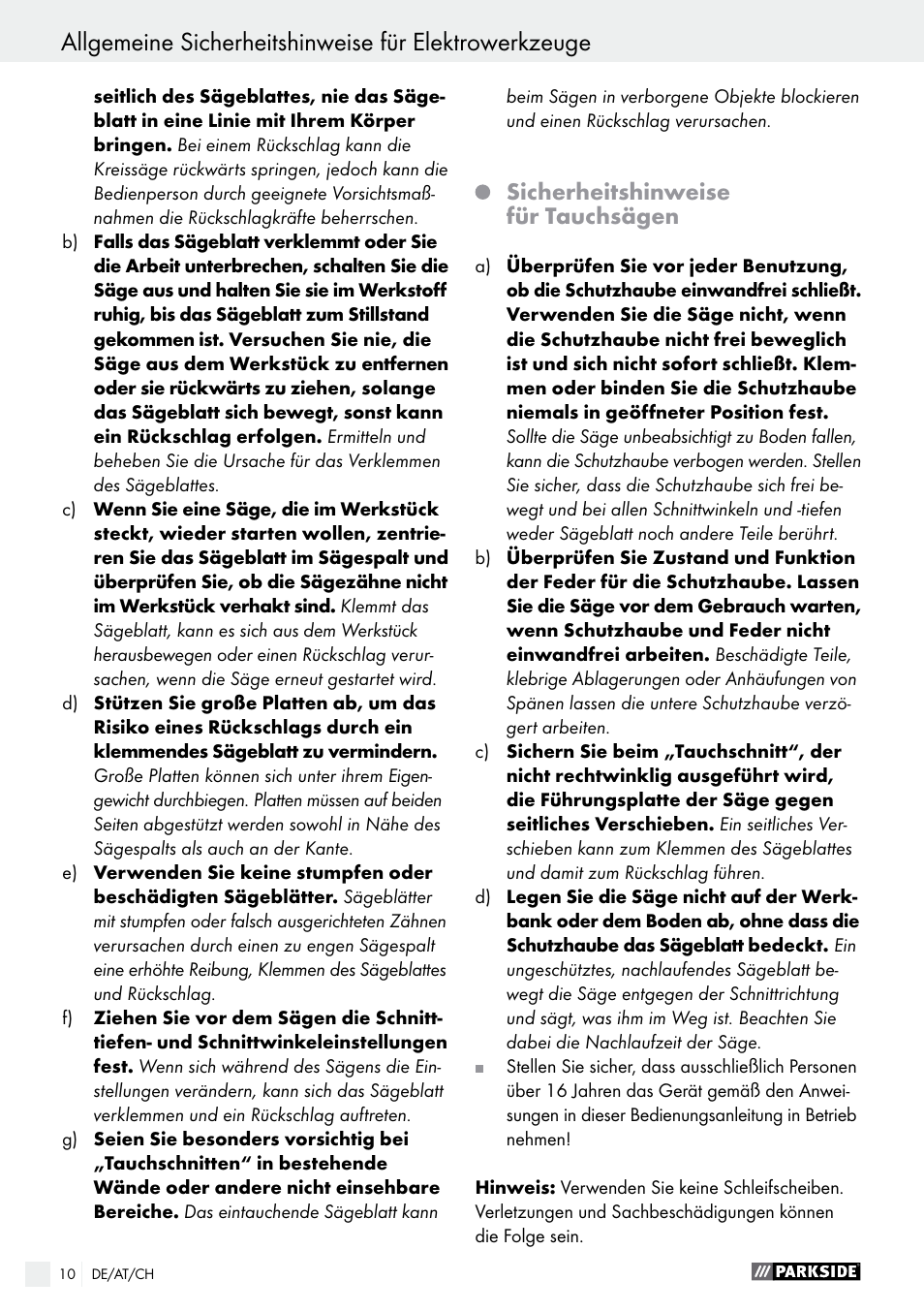 Sicherheitshinweise für tauchsägen | Parkside PTS 480 A1 User Manual | Page 10 / 44