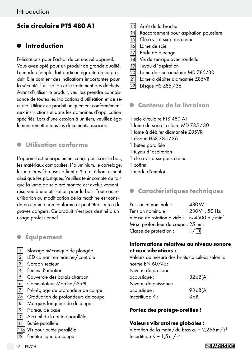 Scie circulaire pts 480 a1 introduction, Utilisation conforme, Équipement | Contenu de la livraison, Caractéristiques techniques | Parkside PTS 480 A1 User Manual | Page 16 / 44