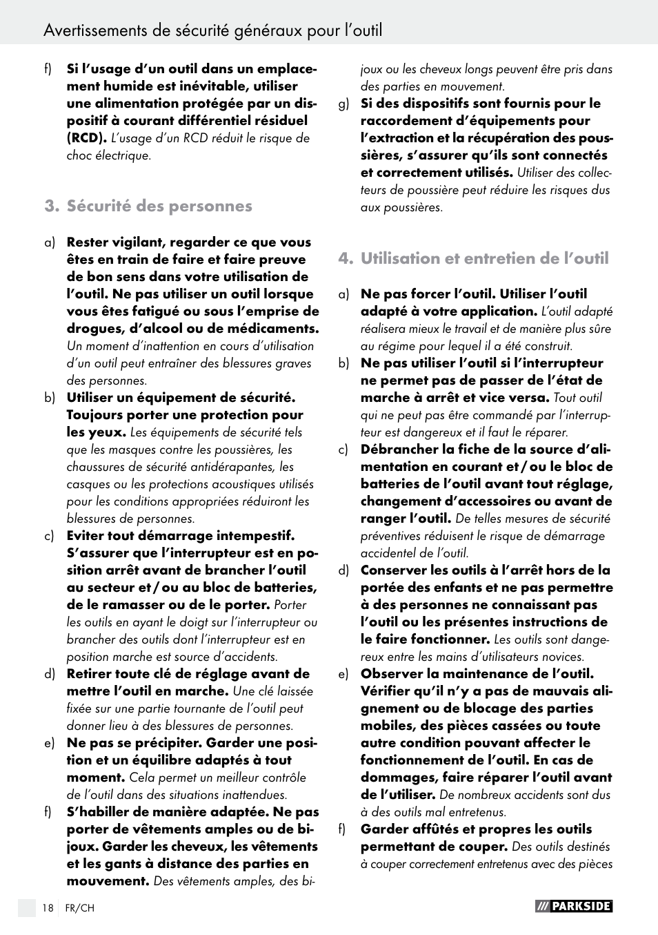 Avertissements de sécurité généraux pour l’outil, Sécurité des personnes, Utilisation et entretien de l’outil | Parkside PTS 480 A1 User Manual | Page 18 / 44