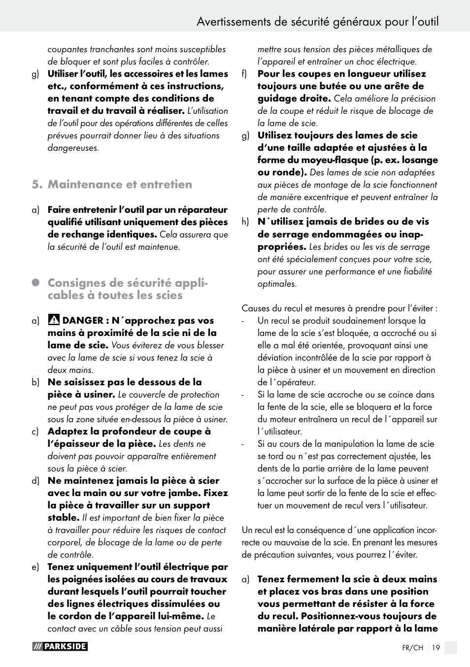 Avertissements de sécurité généraux pour l’outil, Maintenance et entretien | Parkside PTS 480 A1 User Manual | Page 19 / 44