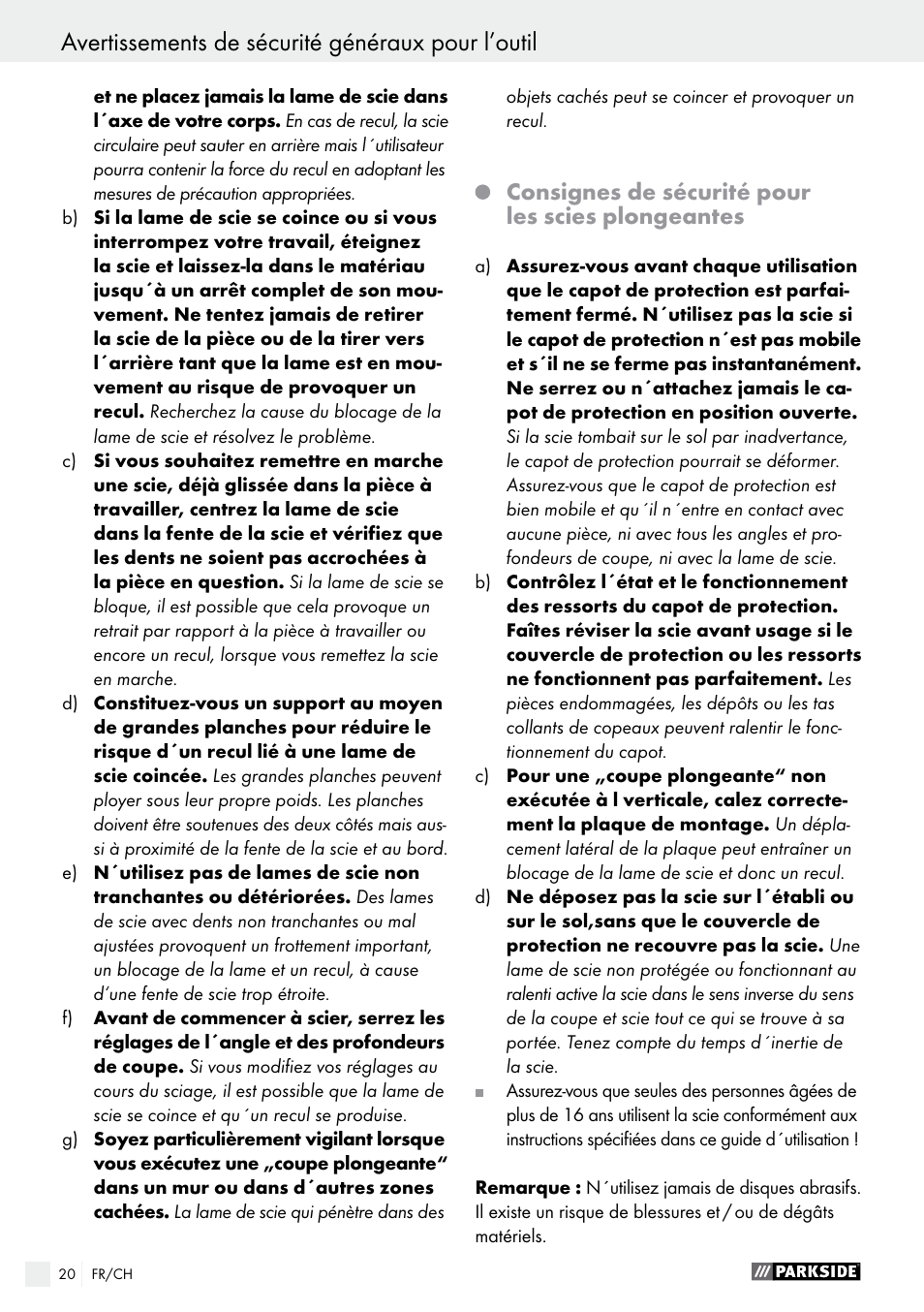 Consignes de sécurité pour les scies plongeantes | Parkside PTS 480 A1 User Manual | Page 20 / 44