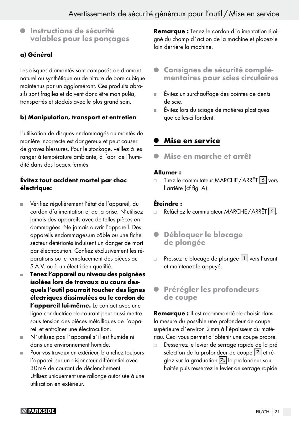 Mise en service, Mise en marche et arrêt, Débloquer le blocage de plongée | Prérégler les profondeurs de coupe | Parkside PTS 480 A1 User Manual | Page 21 / 44