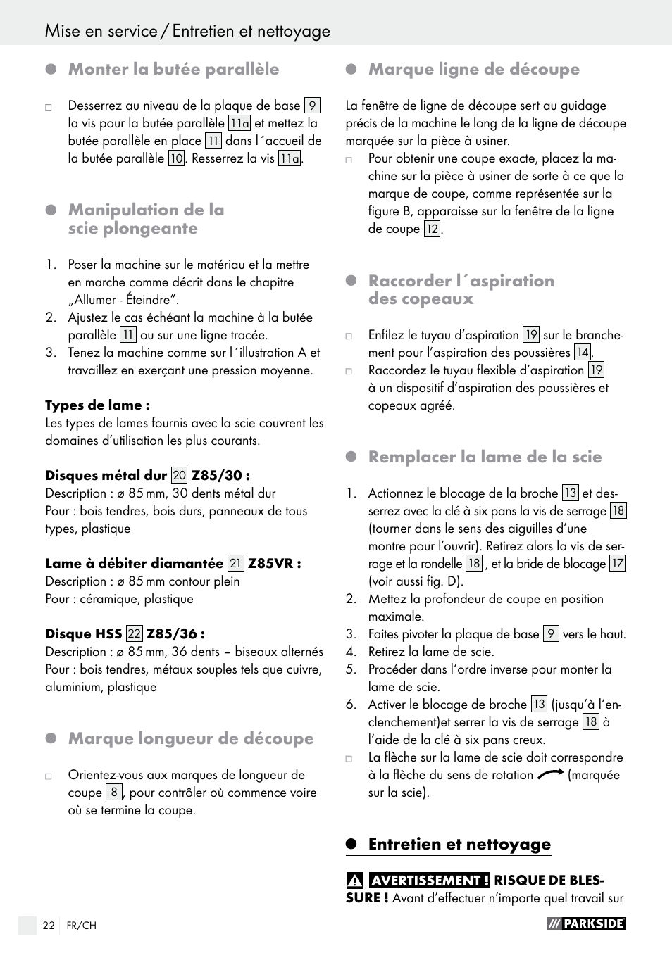 Monter la butée parallèle, Manipulation de la scie plongeante, Marque longueur de découpe | Marque ligne de découpe, Raccorder l´aspiration des copeaux, Remplacer la lame de la scie, Entretien et nettoyage | Parkside PTS 480 A1 User Manual | Page 22 / 44