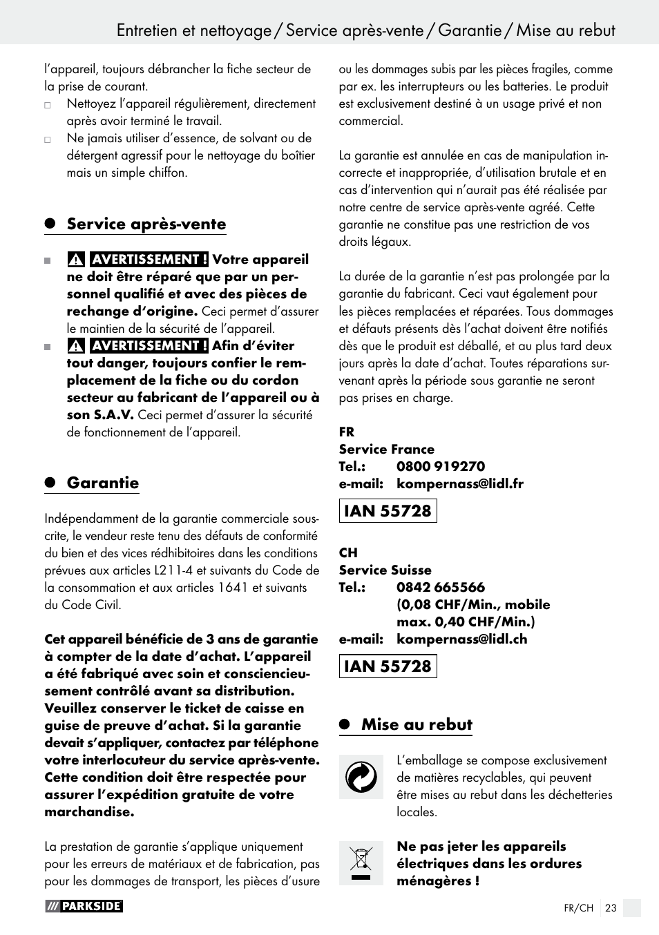 Service après-vente, Garantie, Mise au rebut | Parkside PTS 480 A1 User Manual | Page 23 / 44