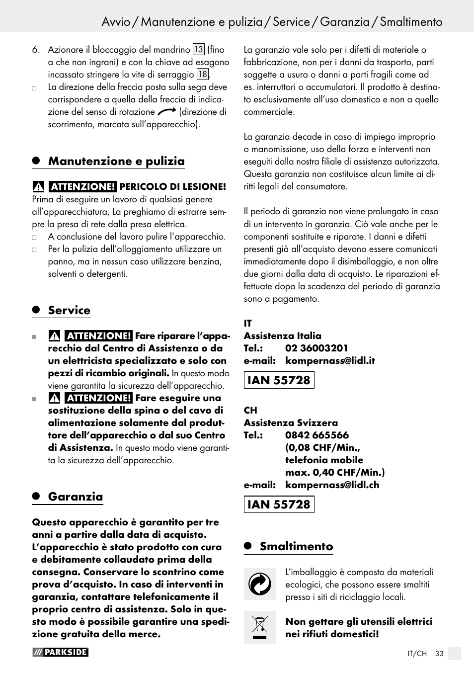 Manutenzione e pulizia, Service, Garanzia | Smaltimento | Parkside PTS 480 A1 User Manual | Page 33 / 44