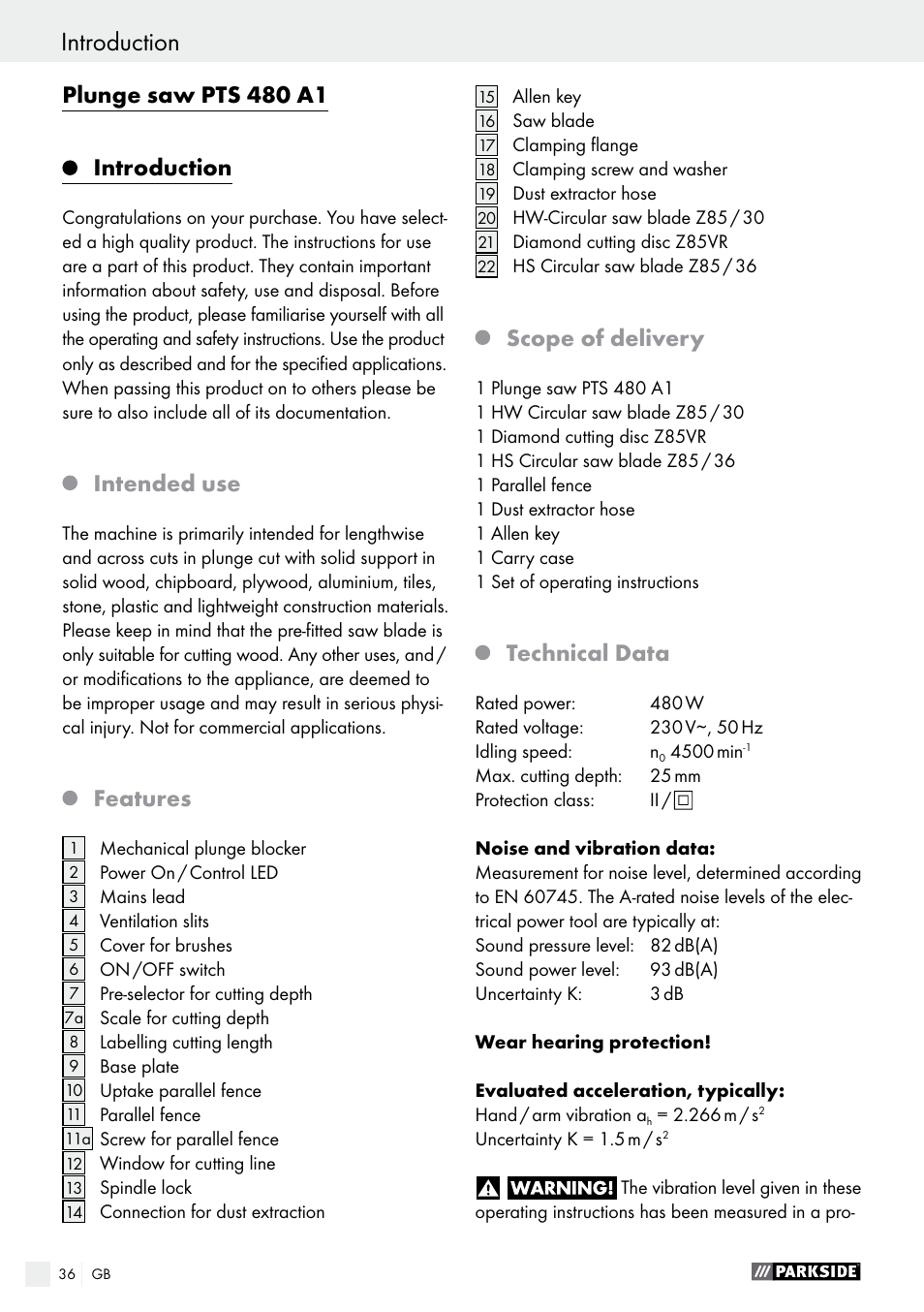 Introduction, Plunge saw pts 480 a1 introduction, Intended use | Features, Scope of delivery, Technical data | Parkside PTS 480 A1 User Manual | Page 36 / 44