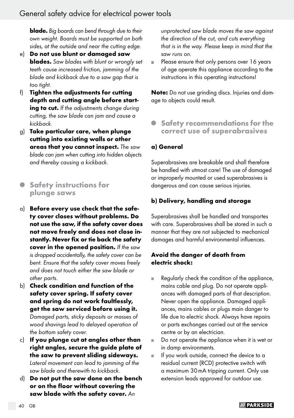 General safety advice for electrical power tools, Safety instructions for plunge saws | Parkside PTS 480 A1 User Manual | Page 40 / 44