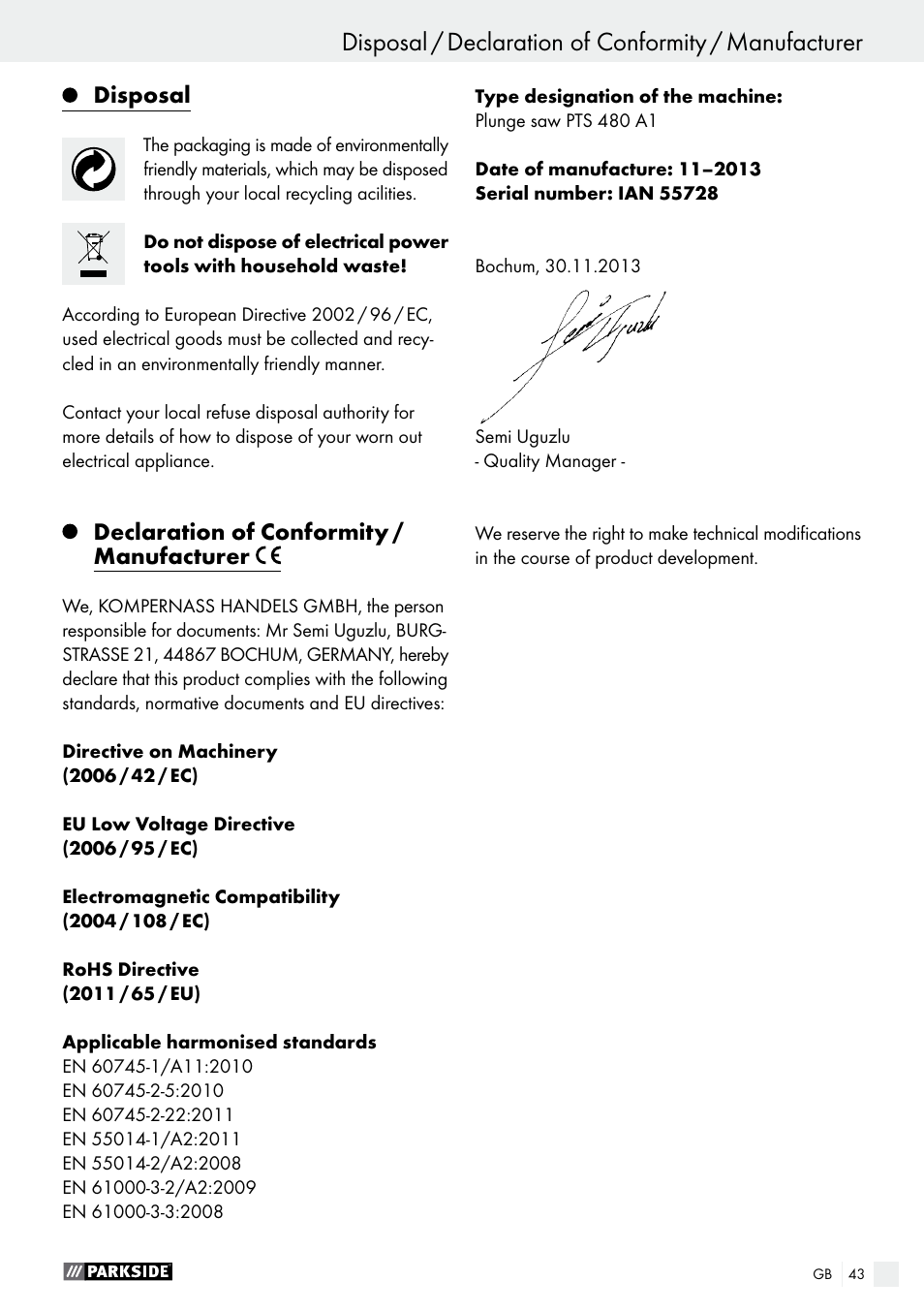 Disposal, Declaration of conformity / manufacturer | Parkside PTS 480 A1 User Manual | Page 43 / 44