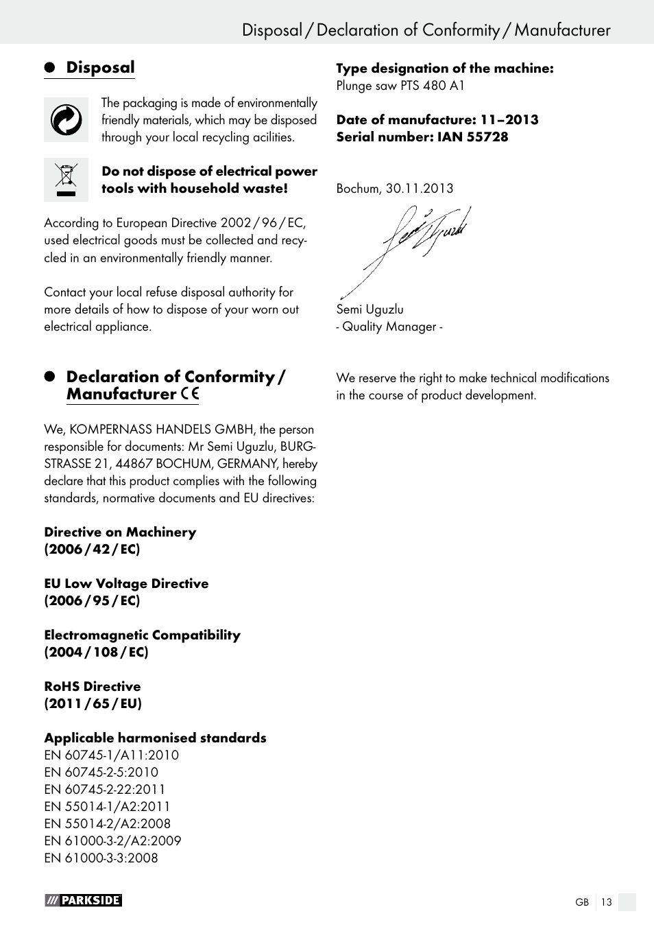 Disposal, Declaration of conformity / manufacturer | Parkside PTS 480 A1 User Manual | Page 13 / 77