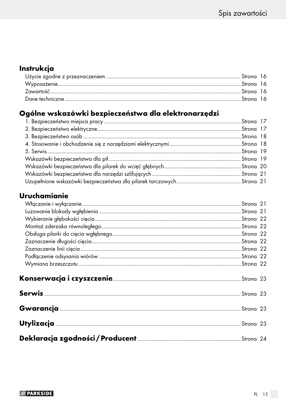 Spis zawartości | Parkside PTS 480 A1 User Manual | Page 15 / 77