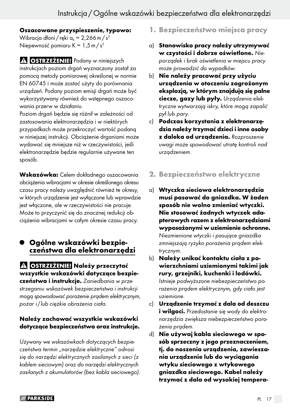 Bezpieczeństwo miejsca pracy, Bezpieczeństwo elektryczne | Parkside PTS 480 A1 User Manual | Page 17 / 77