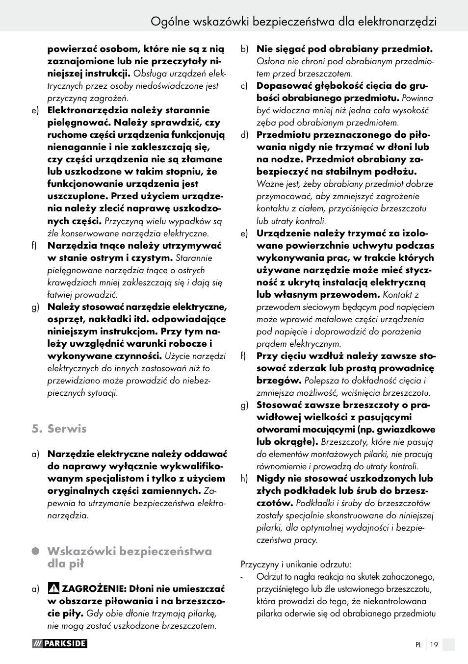 Serwis, Wskazówki bezpieczeństwa dla pił | Parkside PTS 480 A1 User Manual | Page 19 / 77