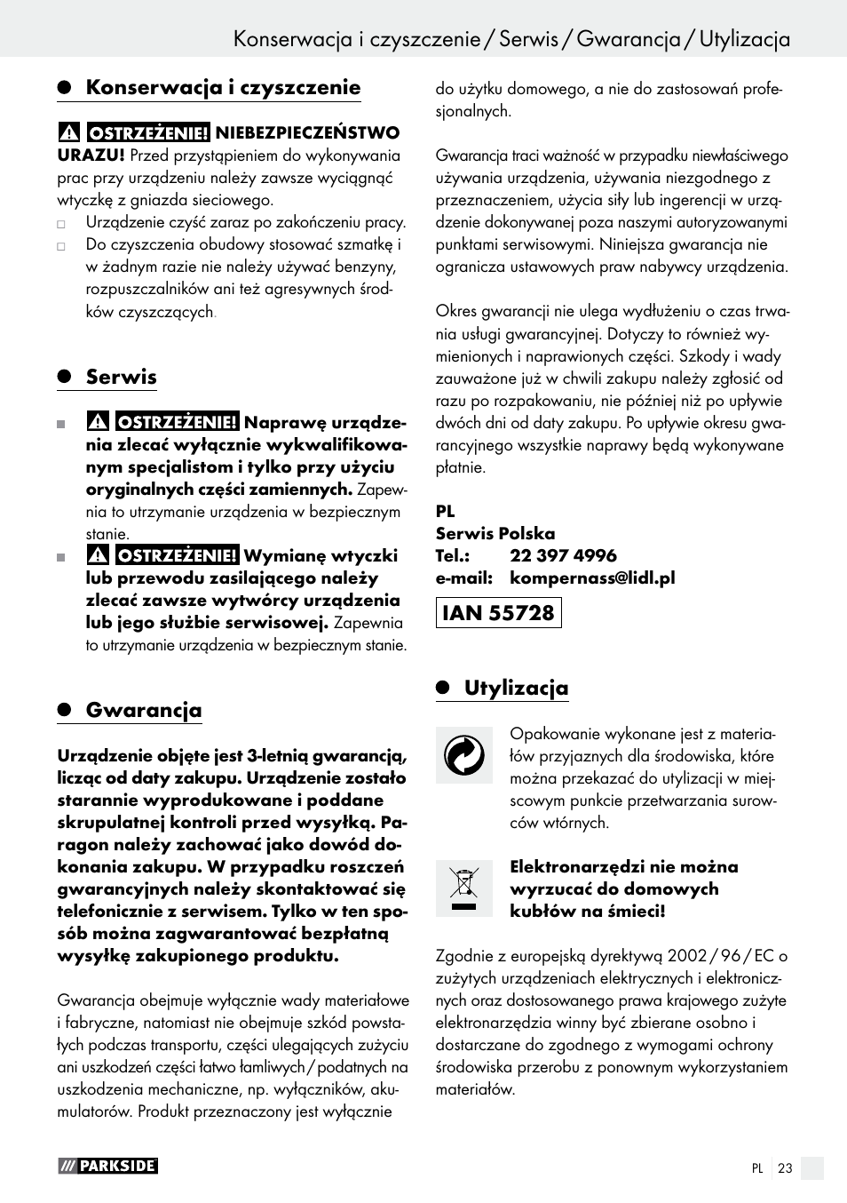 Konserwacja i czyszczenie, Serwis, Gwarancja | Utylizacja | Parkside PTS 480 A1 User Manual | Page 23 / 77