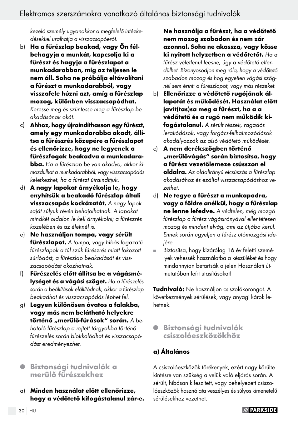 Biztonsági tudnivalók a merülő fűrészekhez, Biztonsági tudnivalók csiszolóeszközökhöz | Parkside PTS 480 A1 User Manual | Page 30 / 77