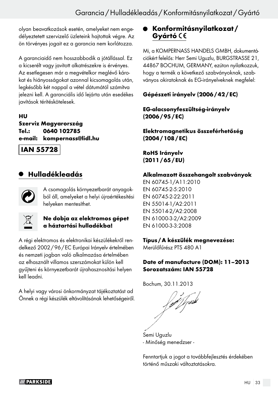 Hulladékleadás, Konformitásnyilatkozat / gyártó | Parkside PTS 480 A1 User Manual | Page 33 / 77