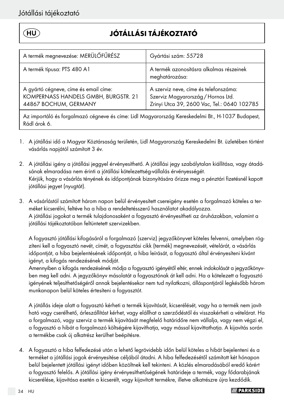 Jótállási tájékoztató | Parkside PTS 480 A1 User Manual | Page 34 / 77