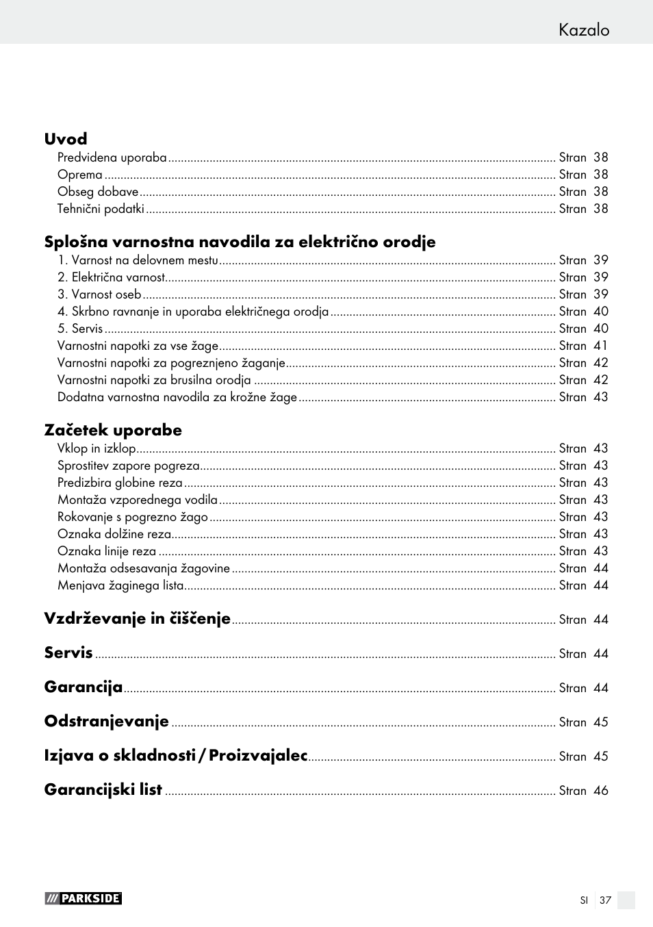 Kazalo | Parkside PTS 480 A1 User Manual | Page 37 / 77