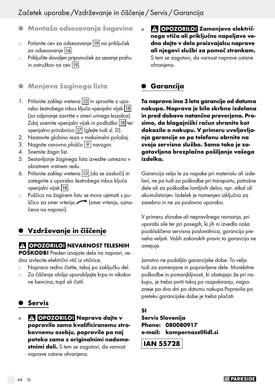 Odstranjevanje / izjava o skladnosti /proizvajalec, Montaža odsesavanja žagovine, Menjava žaginega lista | Vzdrževanje in čiščenje, Servis, Garancija | Parkside PTS 480 A1 User Manual | Page 44 / 77