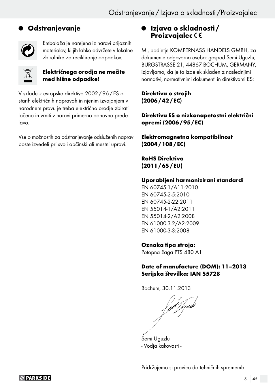 Odstranjevanje, Izjava o skladnosti / proizvajalec | Parkside PTS 480 A1 User Manual | Page 45 / 77