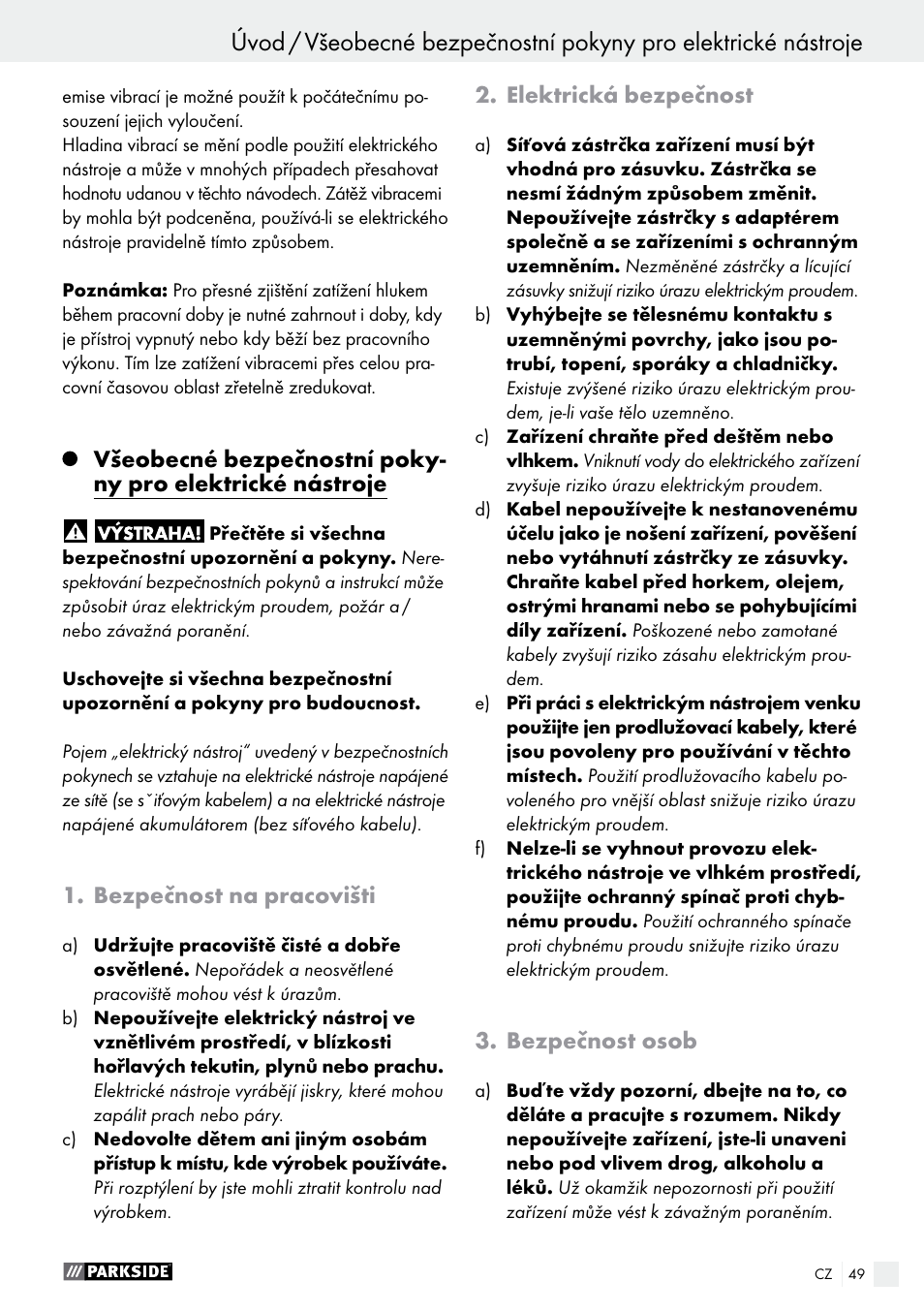 Bezpečnost na pracovišti, Elektrická bezpečnost, Bezpečnost osob | Parkside PTS 480 A1 User Manual | Page 49 / 77