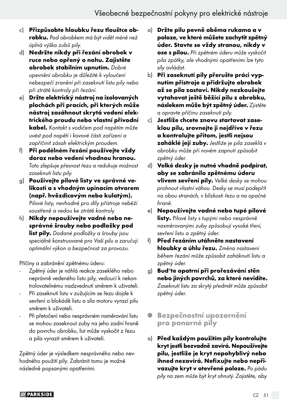 Bezpečnostní upozornění pro ponorné pily | Parkside PTS 480 A1 User Manual | Page 51 / 77