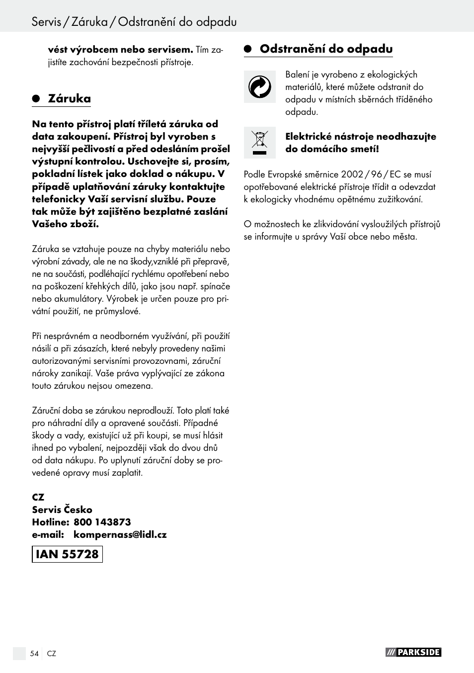 Servis / záruka / odstranění do odpadu, Prohlášení o shodě / výrobce | Parkside PTS 480 A1 User Manual | Page 54 / 77