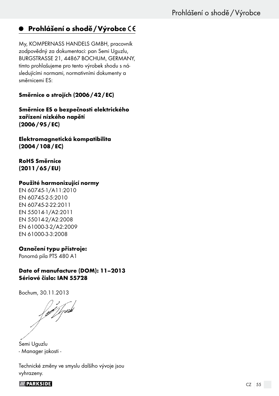 Prohlášení o shodě / výrobce | Parkside PTS 480 A1 User Manual | Page 55 / 77