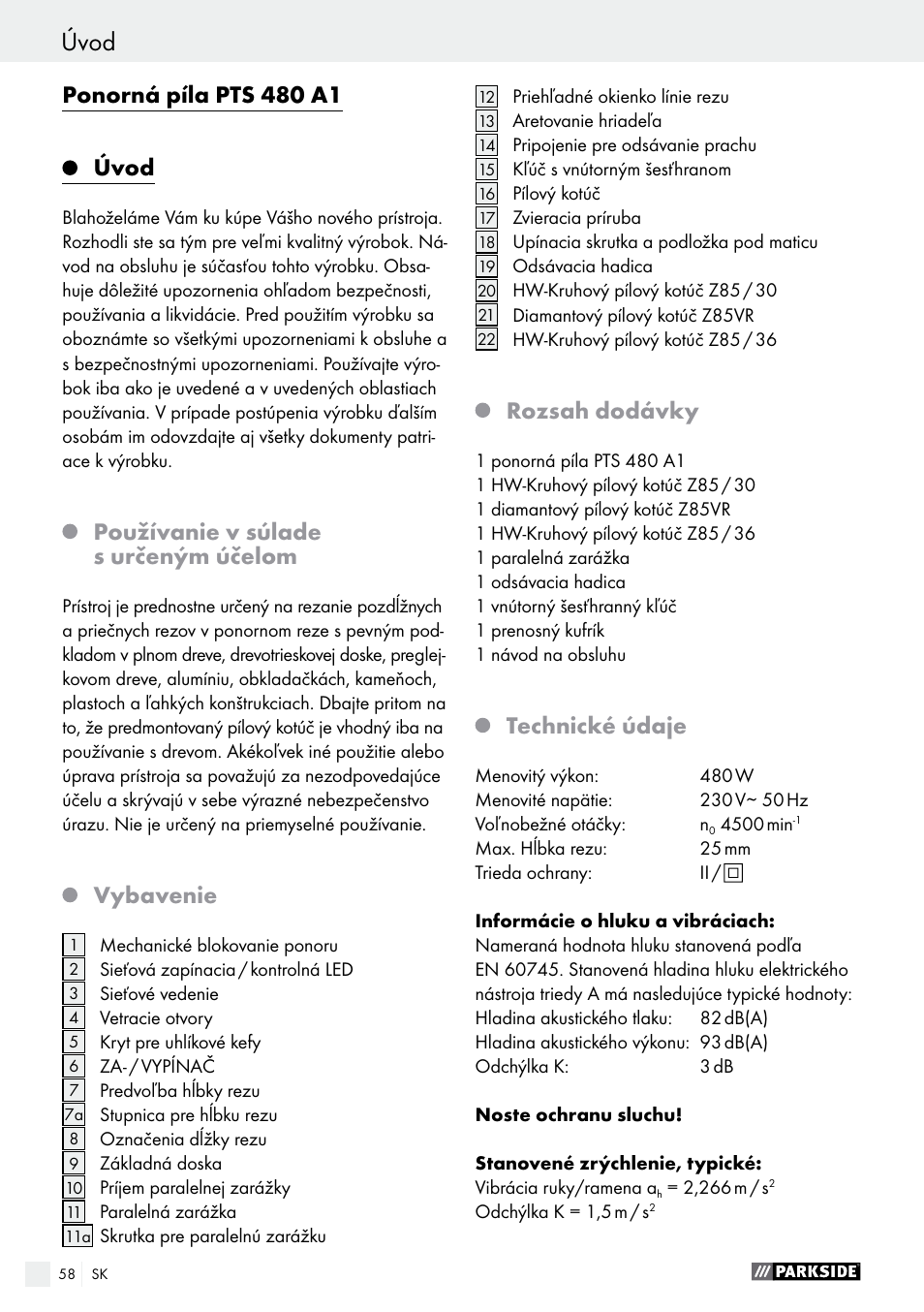 Úvod, Ponorná píla pts 480 a1, Používanie v súlade s určeným účelom | Vybavenie, Rozsah dodávky, Technické údaje | Parkside PTS 480 A1 User Manual | Page 58 / 77