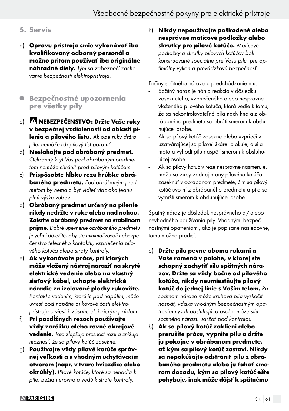 Servis, Bezpečnostné upozornenia pre všetky píly | Parkside PTS 480 A1 User Manual | Page 61 / 77