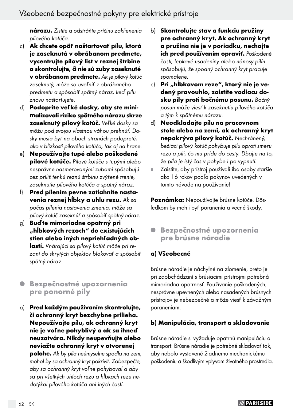 Bezpečnostné upozornenia pre ponorné píly, Bezpečnostné upozornenia pre brúsne náradie | Parkside PTS 480 A1 User Manual | Page 62 / 77