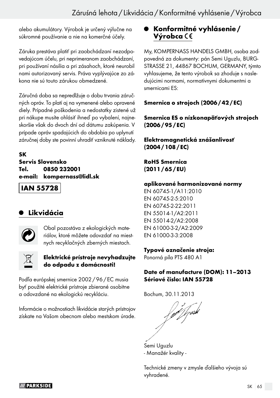 Likvidácia, Konformitné vyhlásenie / výrobca | Parkside PTS 480 A1 User Manual | Page 65 / 77