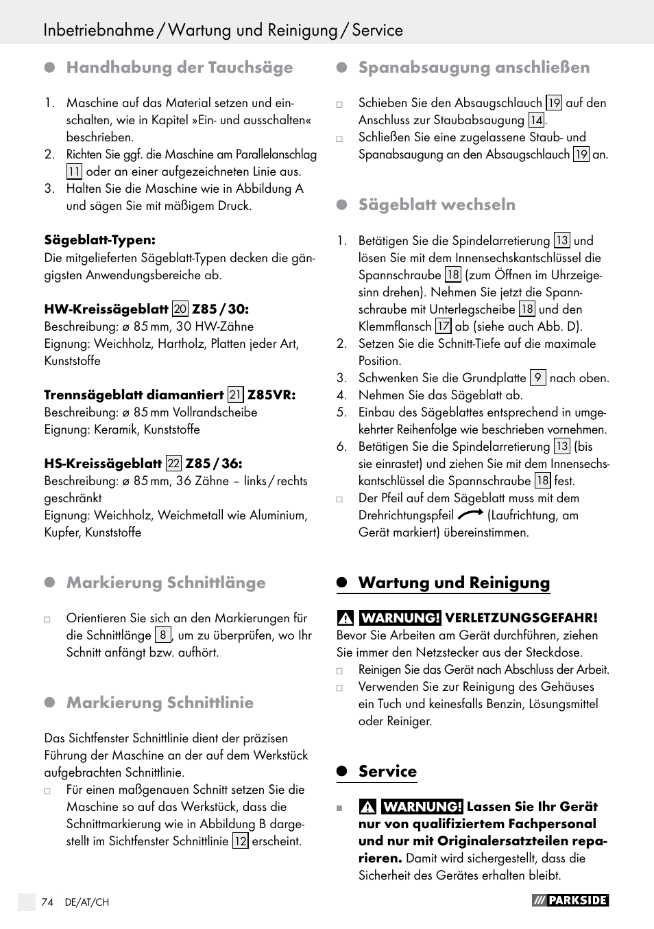 Handhabung der tauchsäge, Markierung schnittlänge, Markierung schnittlinie | Spanabsaugung anschließen, Sägeblatt wechseln, Wartung und reinigung, Service | Parkside PTS 480 A1 User Manual | Page 74 / 77