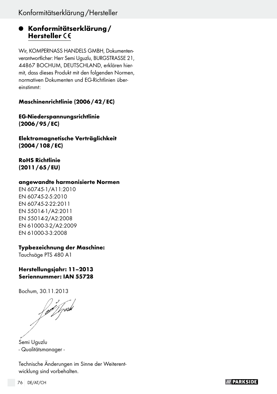 Konformitätserklärung /hersteller, Konformitätserklärung / hersteller | Parkside PTS 480 A1 User Manual | Page 76 / 77