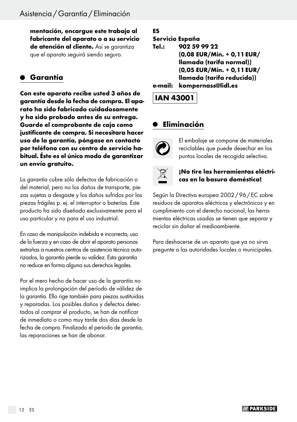 Garantía, Eliminación | Parkside PFS 710 B1 User Manual | Page 12 / 52