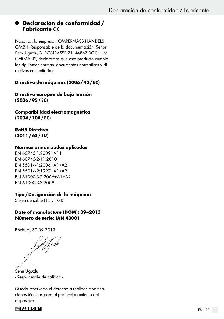 Declaración de conformidad / fabricante, Asistencia / garantía / eliminación | Parkside PFS 710 B1 User Manual | Page 13 / 52
