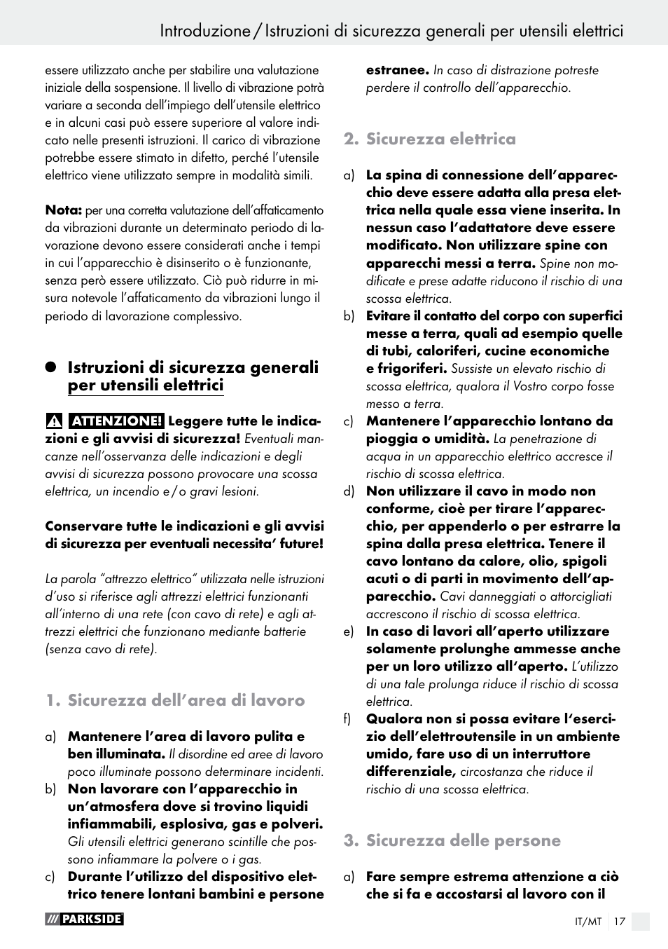 Sicurezza dell’area di lavoro, Sicurezza elettrica, Sicurezza delle persone | Parkside PFS 710 B1 User Manual | Page 17 / 52